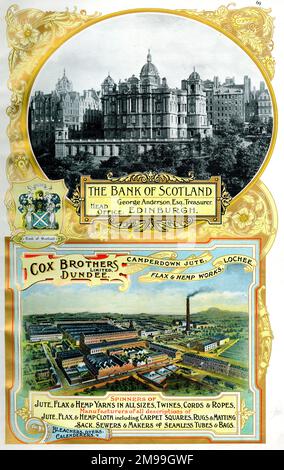 Publicités pour The Bank of Scotland, Edinburgh, et Cox Brothers Limited, jute, Flax and Hemp Works, Dundee, Écosse. Banque D'Images