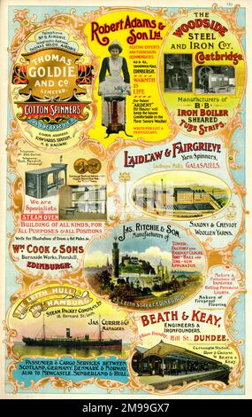 Publicités pour Thomas Goldie and Co Limited, Cotton spinners, Airdrie, Robert Adam & son Limited, chauffage, Édimbourg, The Woodside Steel and Iron Company, Coatbridge, William Cook & Sons, Burnside Works, Piershill, Édimbourg, Laidlaw & Fairgrieve, Filin spinners, Galashiels, Jas Ritchie & son, Leith Street, Edinburgh, The Leith, Hull and Hamburg Steam Company Packet Company Ltd, Leith, et Beath & Keay, Engineers and Ironfondateurs, Albion Foundry, Dundee, Écosse. Banque D'Images