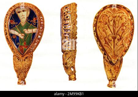 Le Roi Alfred Jewel, fait sur les ordres du Roi Alfred le Grand. Il a été découvert en 1693, à North Petherton, dans le Somerset, et est maintenant une exposition populaire au Ashmolean Museum, à Oxford. Banque D'Images