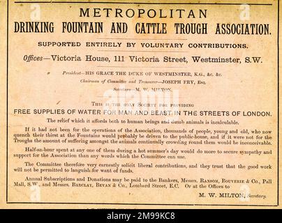 Avis, Metropolitan Drinking Fountain and Cattle Trough Association, Victoria House, Victoria Street, Westminster, London SW. Approvisionnement gratuit en eau pour l'homme et la bête dans les rues de Londres. Banque D'Images