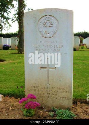 Whistler est enterré dans le cimetière des graves de guerre du Commonwealth à Banneville la campagne. Il y a 2 175 inhumations, principalement des combats pour Caen et le fossé de falaise. Whistler a été tué le 18 juillet 1944, le premier jour de son action. Après des études à l'école d'art de Slade, il rejoint la division blindée des gardes gallois au début de la guerre et continue à travailler comme artiste professionnel pendant son service. Banque D'Images