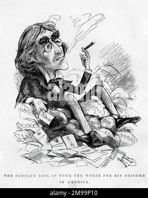 Caricature, le retour d'Henry Irving de l'Amérique - l'idole du peuple n'est pas le pire pour son séjour en Amérique. Montrant le célèbre acteur-Manager fumant un cigare et assis sur un tas d'argent. Banque D'Images