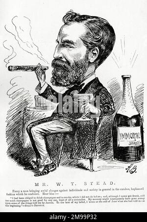 Caricature, M. W T Stead, rédacteur en chef du Pall Mall Gazette. Un commentaire sur son journalisme d'investigation sur la prostitution des enfants et la traite des esclaves blancs, qu'il a écrit dans des articles sous le titre "l'hommage de Maiden de Babylone moderne". Banque D'Images