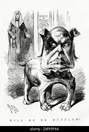 Caricature, sera-t-il muselé ? Un commentaire sur Charles Bradrig, athée, républicain et libéral député de Northampton. Banque D'Images