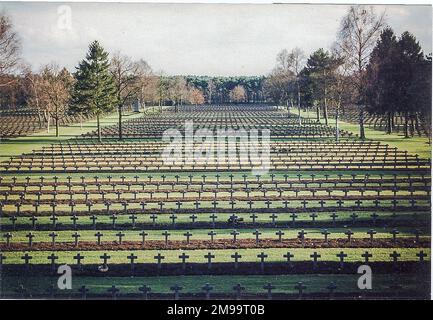 À l'origine cimetière américain, il s'agit maintenant du plus grand cimetière allemand de WW2 en dehors de l'Allemagne. Il contient les tombes de 38 962 soldats de la guerre '39-'45 et de 541 de la guerre '14-'18. Initialement un cimetière américain temporaire, il a été cédé aux Allemands pendant '46-'47. Les autorités belges ont ensuite transféré tous les soldats allemands tués en Belgique à Lommel, ainsi que les inhumations de la première Guerre mondiale à Leopoldsburg. Une croix a été érigée pour deux inhumations de sorte que près de 20 000 croix couvrent le site de 16 hectares. Entre 1978-80, les plaques originales de nom d'émail ont été chan Banque D'Images