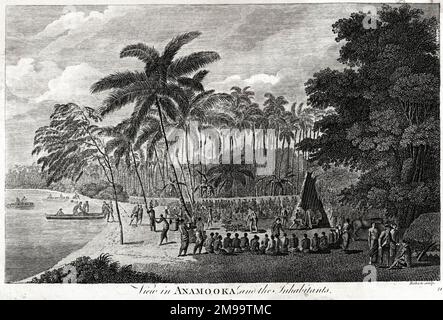 Vue à Anamooka et les habitants - une scène sur la côte des Tonga, nommée les îles amies en raison de la réception donnée au troisième voyage de James Cook dans le Pacifique en mai 1777. Banque D'Images