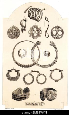 Reliques celtiques, ornements personnels d'or et de bronze. Bracelet or, trois pérones de bronze, recouvrement de chevaux en bronze émaillé, anneau émaillé, couple de bronze, couple d'or, boucles d'oreilles en or, ornement en bronze, deux arbreloques en bronze émaillé, trappage de cheval en bronze, bracelets en bronze émaillé, ceinture en laiton repoussé fin.