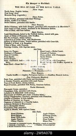 Menu du banquet royal dans le Guildhall, ville de Londres, le jour du Lord Mayor, le 9 novembre 1837. Banque D'Images