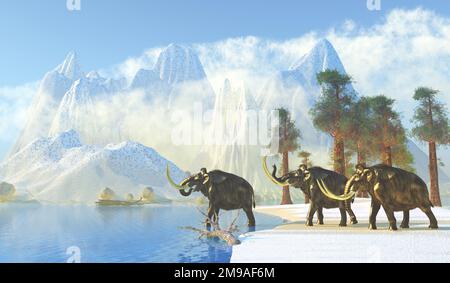 Mammoth Winter - la fonte d'hiver amène un troupeau de mammouths de Woolly à boire d'un lac pendant la période de Pléistocène. Banque D'Images