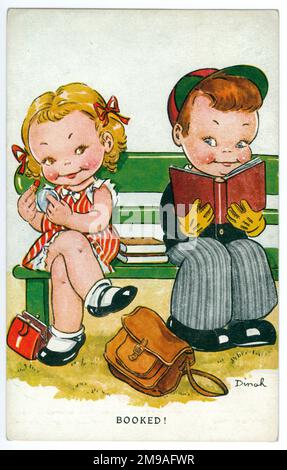 C'est un jeu typique de Dinah sur les mots. Les enfants de Dinah ont toujours des chaussures brillantes. Le garçon a une sacoche tandis que la fille a un sac à main. Cute Kids WW2 humour de guerre Banque D'Images