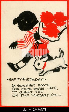 Art de carte postale - Joyeux anniversaire - un enfant tenant un grand bouquet de fleurs, des tirets pour accueillir le destinataire de l'anniversaire prévu, son petit chien d'animal de compagnie blanc qui se fraie à côté. Banque D'Images