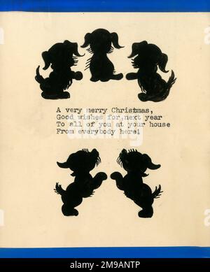 Original Artwork - Design for a Christmas Greetings card - silhouette de cinq petits chiots. Banque D'Images