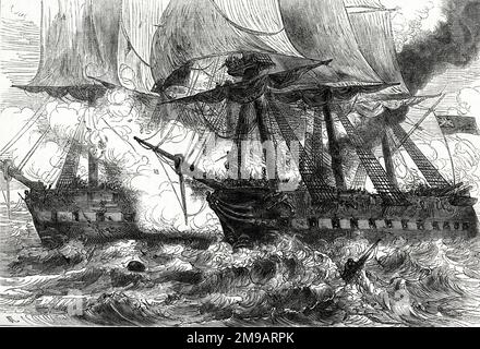 Bataille du port de Boston entre la frégate de la Marine royale britannique HMS Shannon et la frégate de la Marine américaine USS Chesapeake, au large de Boston, Etats-Unis, 1 juin 1813, partie de la guerre de 1812. Il a permis la capture du Chesapeake. Banque D'Images