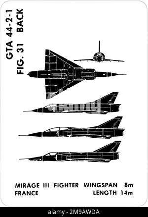 Dassault Mirage IIIC, IIIB et IIIR. Il s'agit de l'une des séries de Graphics Training AIDS (GTA) utilisées par l'armée des États-Unis pour former leur personnel à reconnaître les avions amicaux et hostiles. Cet ensemble, GTA 44-2-1, a été publié en July1977. L'appareil est équipé d'appareils provenant du Canada, de l'Italie, du Royaume-Uni, des États-Unis et de l'URSS. Banque D'Images