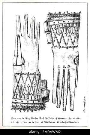 Des gants auraient été portés par le roi Charles II à la bataille de Worcester, le 3 septembre 1651, et laissés par lui, alors qu'il s'enfuit, au manoir de Whiteladies, à 25 kilomètres de Worcester. Banque D'Images