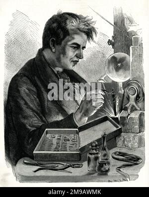 Thomas Edison, inventeur américain, au travail. Banque D'Images