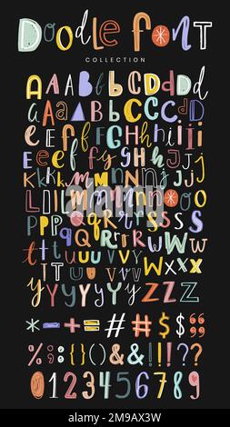 Les alphabets, les ponctuations et les nombres doodle font vector set Illustration de Vecteur