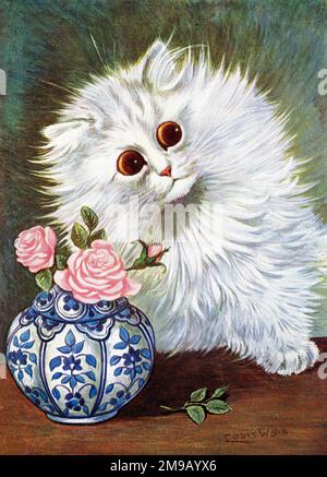 Chat blanc et roses par Louis Wain Banque D'Images