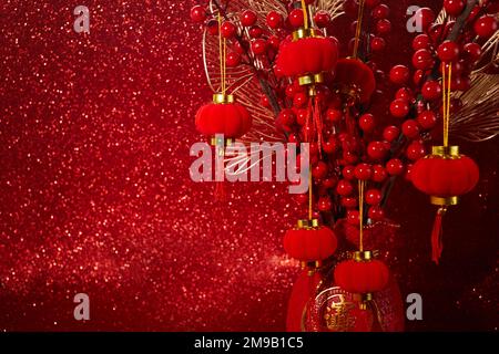 Nouvel an chinois avec branche sakura et lanternes Banque D'Images