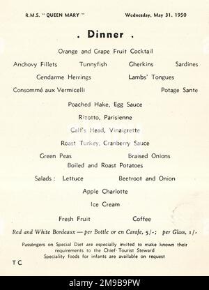 Cunard White Star, RMS Queen Mary, menu du dîner, 31 mai 1950 Banque D'Images