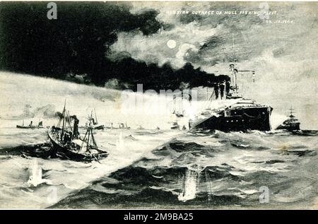 Indignation de la Russie à l'égard de la flotte de pêche de Hull, 22 octobre 1904 - l'incident de la banque Dogger, lorsque des navires de la marine russe ont maltraité une flotte de chalutiers britanniques en mer du Nord pour des bateaux de torpille de la marine japonaise et ont tiré dessus, entraînant des morts et des blessures. L'incident a presque conduit à la guerre. Banque D'Images