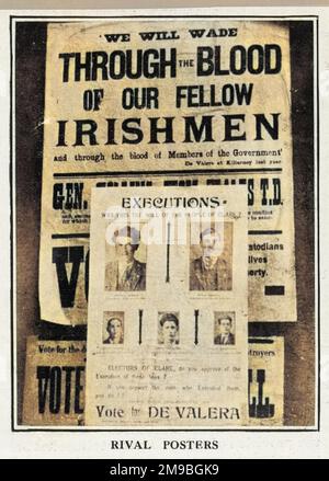 Affiches de propagande électorale pour Eamon de Valera : « nous allons passer par le sang de nos frères Irlandais et par le sang des membres du gouvernement ». Banque D'Images