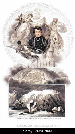 WILLIAM EDWARD PARRY commandant de la marine britannique, explorateur de l'Arctique - a dirigé une expédition là-bas 1819-1820 - avec une vue de ses navires au milieu de la glace. Banque D'Images