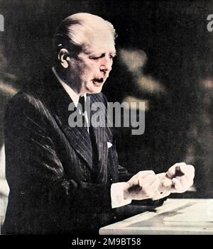 (Maurice) Harold Macmillan s'exprimant devant l'Assemblée générale des Nations Unies, le 29th septembre 1960. Dans un discours puissant, le Premier ministre britannique a parlé du passé colonial britannique ainsi que des conditions et des possibilités de désarmement de la Guerre froide. Banque D'Images