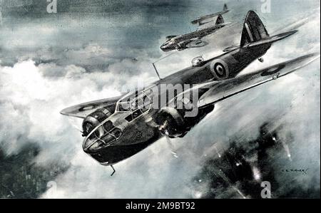 Trois avions de reconnaissance de chasseurs-bombardiers Royal Air Force 'Bristol' Blenheim Mark IV sur le territoire ennemi en 1941. Cette image montre l'avion de tête qui plonge dans le nuage pour bombarder une position allemande. Banque D'Images