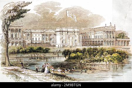 Gravure montrant l'extérieur de Buckingham Palace, Londres, vue de St. Parc James, 1842. Ce côté de Buckingham Palace a été rémodelé à la fin des années 1840 pour offrir plus d'hébergement. Banque D'Images