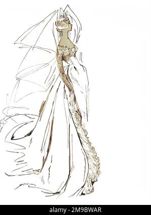 Une robe de mariage royale de soie blanche pure et de dentelle antique conçue par Owen Hyde-Clarke de la valeur pour le mariage d'Aphra Farquhar Fetherstonhaugh au comte de Dundonald en 1960. La dentelle sur le corsage à manches longues et bas et sur le train appartenait à l'épouse du comte de Dundonald de 12th. Le tiara de diamant tenant la tête-robe tulle était un héritage de la famille de la mariée. Banque D'Images