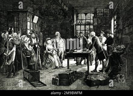 L'examen de Louis XVI, arrêté à Varennes, le 21 juin 1791, lors d'une tentative d'évasion avec sa famille déguisée pendant la Révolution française Banque D'Images