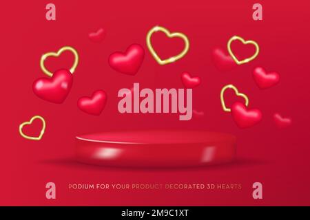 3D Podium aux coeurs rouges et dorés. 3D vecteur réaliste minimal Illustration de Vecteur