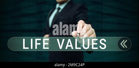 Légende de texte présentant les valeurs de la vie. Concept d'affaires les choses que vous pensez sont importantes dans la façon dont vous vivez Banque D'Images