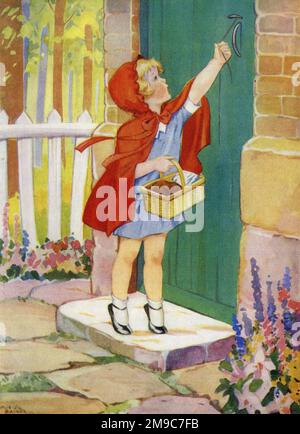 Illustration, petit capot rouge à la porte de Grandma, par Muriel Baines Banque D'Images