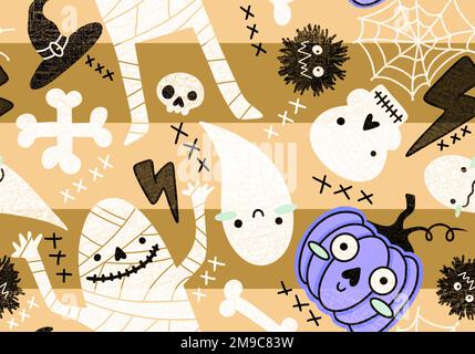 Halloween momie et citrouilles fantôme sans couture et os et crânes et motif monstres pour emballer le papier et les vêtements pour enfants, les tissus et les draps Banque D'Images