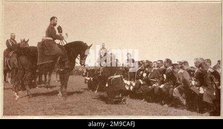 Russie - le tsar Nicholas II accepte le don d'une icône religieuse et offre une prière avec l'armée russe à Tiraspol (Tirispolea), maintenant la capitale de la Transnistrie, un État sécessionniste de Moldavie, où il est la troisième plus grande ville, située sur la rive est du fleuve Dniester. Banque D'Images