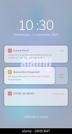 Écran mobile vectoriel du modèle d'application de notification d'exposition COVID-19 Illustration de Vecteur