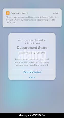 Écran mobile vectoriel du modèle d'application d'alerte d'exposition COVID-19 Illustration de Vecteur