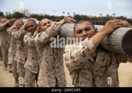 ÉTATS-UNIS Corps de marine recrute avec Echo Company, 2nd Bataillon de recrue effectue un exercice de bûche à gauche de l'épaule sur le corps de Marine recent Depot San Diego, 16 mai. 2022. La foreuse de grumes est un exercice utilisé pour construire le travail d'équipe et la force de l'unité parmi les marines. Banque D'Images