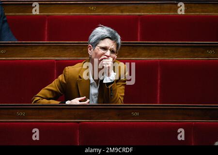 Paris, France. 17th janvier 2023. Sandrine Rousseau, adjointe à l'EELV, pendant une session de questions au gouvernement à l'Assemblée nationale à Paris sur 17 janvier 2023. Crédit : Victor Joly/Alamy Live News Banque D'Images