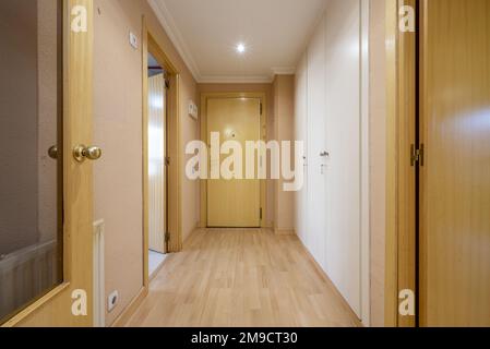 Hall d'entrée avec porte blindée d'une maison vide avec armoires blanches et portes en bois clair Banque D'Images