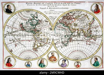 Carte du monde du 18th siècle avec portraits d'explorateurs - hémisphères mondiaux - Mappe monde ou carte générale de la Terre Banque D'Images