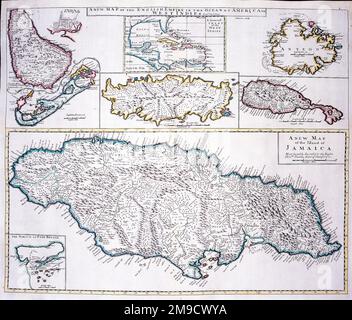 Carte du siècle 18th des Antilles et des Caraïbes - Une nouvelle carte de l'Empire anglais dans l'Océan américain ou des Antilles (Jamaïque, Port Royal, Bermudes, Barbade, Bridgetown, Tobago, Antigua, St. Christophers et diagramme général des Antilles) Banque D'Images