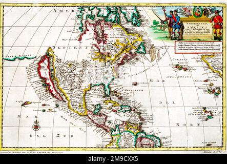 Carte de l'Amérique du Nord datant du 15th siècle montrant le premier voyage de Christophe Colomb Banque D'Images