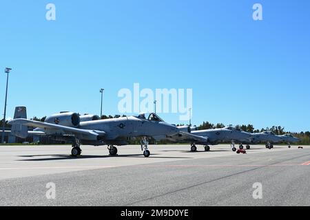 Quatre avions Thunderbolt II A-10C affectés à l'escadron de combat 104th, Garde nationale aérienne du Maryland, arrivent à la base aérienne d'Amari, prête à mener une formation Agile combat Employment à l'appui de l'exercice DEFENDER-Europe 22, 16 mai 2022, à Harjumaa, en Estonie. DEFENDER-Europe 22 est un exercice d’entraînement multinational conçu pour démontrer la capacité de l’USAREUR-AF à regrouper rapidement la puissance de combat basée aux États-Unis en Europe de l’est sur plusieurs théâtres pour soutenir l’OTAN et la Stratégie de défense nationale, ainsi que pour tirer parti des capacités nationales du pays hôte afin d’accroître la portée opérationnelle de l’USAREUR-AF. Banque D'Images