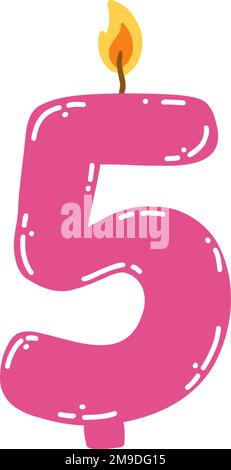 Bougie numéro cinq de style plat. Illustration vectorielle dessinée à la main d'une bougie à 5 symboles, élément design pour les gâteaux d'anniversaire. Illustration de Vecteur