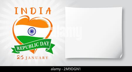 Modèle d'invitation 26 janvier pour la Journée de la République de l'Inde. 3D feuilles de papier vides, motif vierge. Icône cœur. Concept de carte de vœux. Illustration de Vecteur