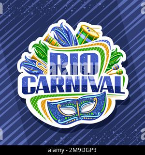 Logo Vector pour Rio Carnival, panneau décoratif blanc avec illustration du masque de venise, des instruments de musique, des plumes de carnaval vert, des confetti et des landes à carabes Illustration de Vecteur