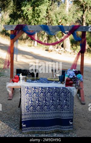 Boho sombre décoration de réception de mariage - roses rouges, pourpres avec plumes de sarcelle des ornements floraux Banque D'Images